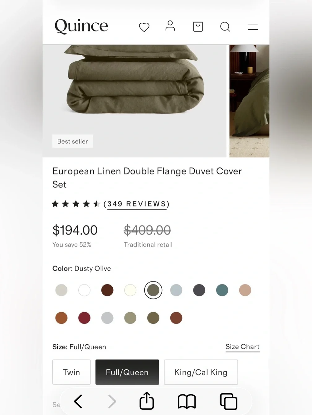 NWOT Quince European Linen Double Flange Duvet Cover Set, F/Q (Dusty Olive)